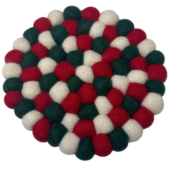 Wool Felt Pompom Trivet Christmas Red Green Trader Joe's Holiday Decor 6.5" - Picture 3 of 4